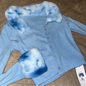 Blue Sweater with Faux Fur Trim